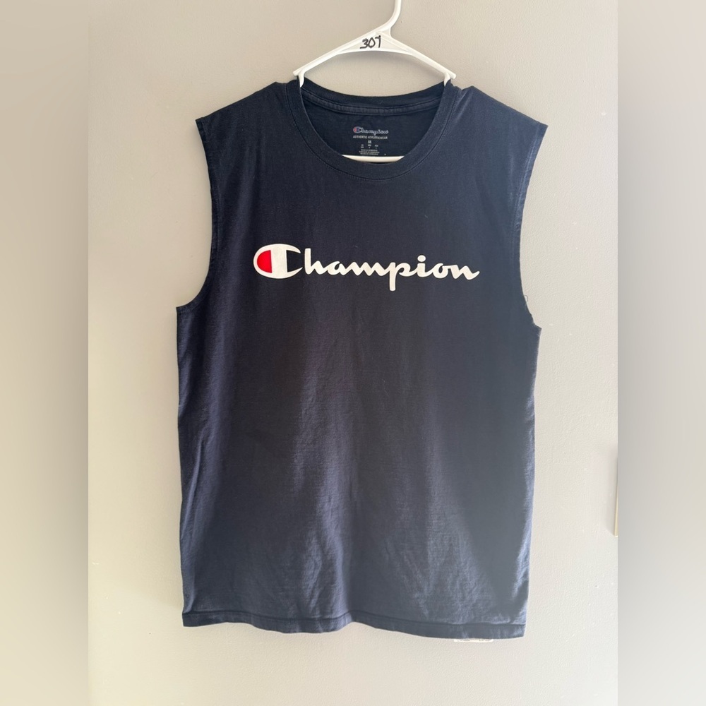 Champion Men’s Navy Cutoff Tank Top SZ M Logo Casual Athleisure Athletic Summer